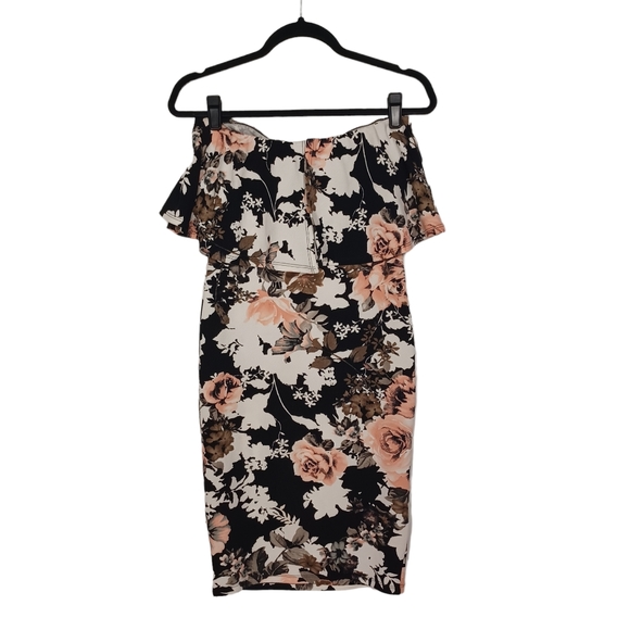 FOREVER 21 Pink White Floral Print Strapless Ruffle Overlay Bodycon Midi Dress M - Picture 6 of 9